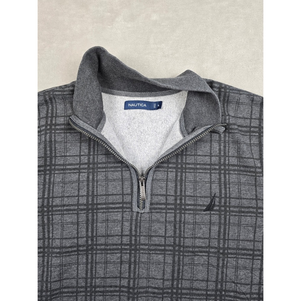 Nautica Quarter Zip Sweater Men XL Gray Plaid Long Sleeve Fleece Pullover - Picture 2 of 8